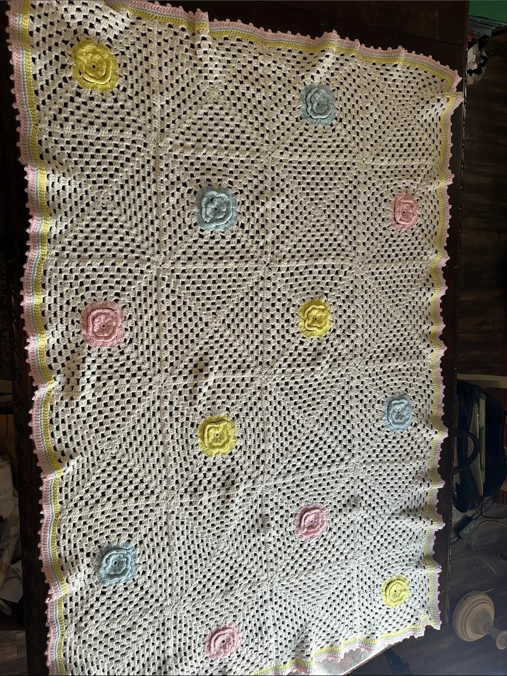 Crocheted Baby Throw Blanket - White with Pink, Yellow & Blue Floral Accents